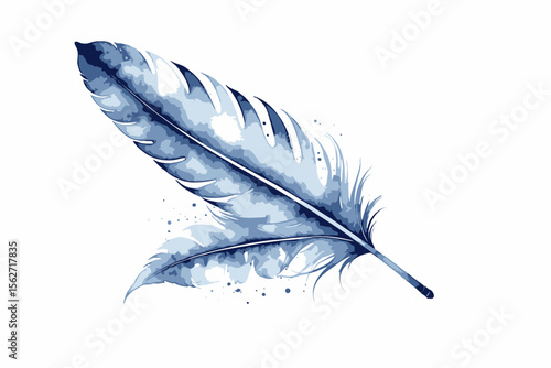 Watercolor Blue Feather Illustration - Delicate Feather Art - Artistic Feather Design - Elegant Feather Painting - White Background