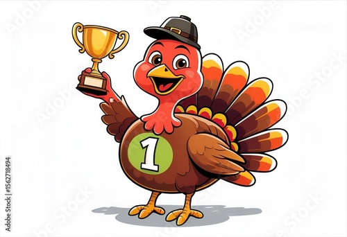 Cartoon Turkey Holding Mini Trophy in One Wing with a Wide Smile on White Background