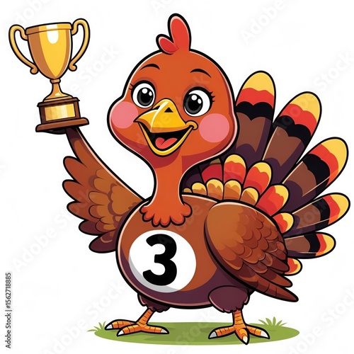 Cheerful Cartoon Turkey Holding Mini Trophy in Wing with Racing Number on Belly
