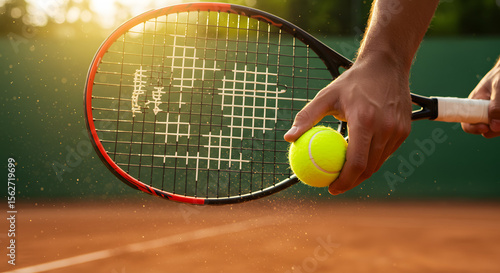 Tennis Player Holding Bright Yellow Tennis Ball and Racket on Clay Court at Sunset