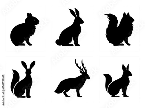 Collection of six black animal silhouettes on white backgrounds including rabbits squirrels and a deer