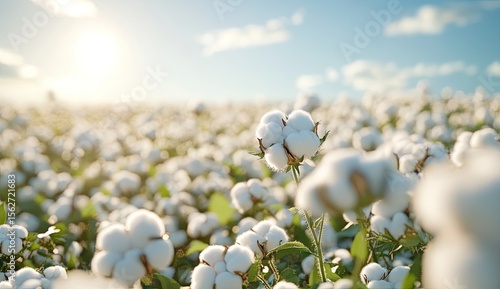 Cotton field at sunrise. Fluffy white cotton bolls blanket a vast field, bathed in sunlight