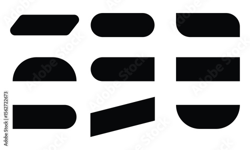 Collection of nine abstract black geometric shapes with rounded corners and straight edges