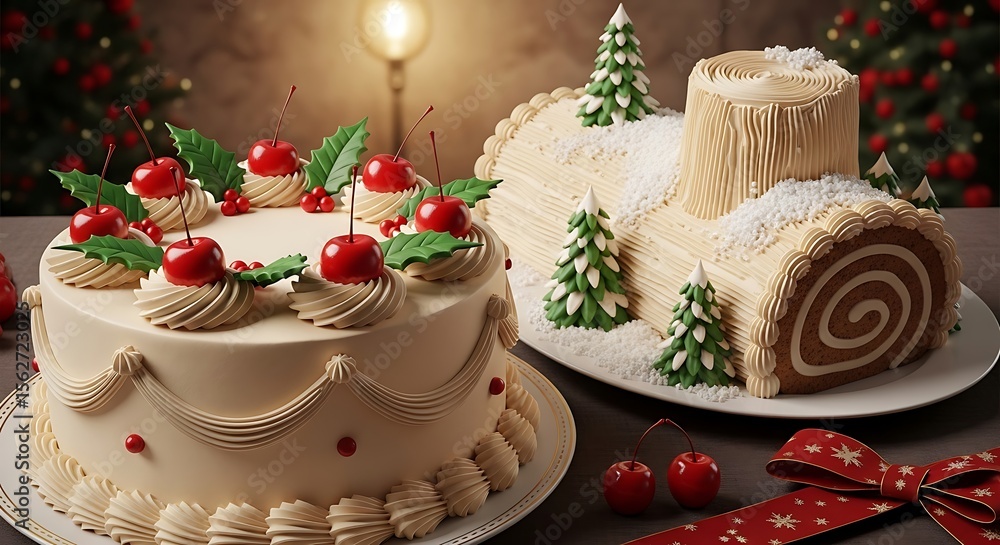 Festive christmas cakes including a round cake and a yule log decorated with cherries and trees Festive christmas cakes including a round cake and a yule log decorated with cherries and trees