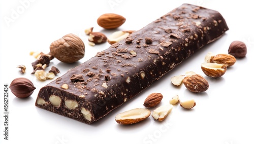 Dark chocolate bar with nuts.  A rich dark chocolate bar, studded with nuts, lies diagonally on a white background.  Almonds, walnuts, and hazelnuts are scattered around the bar