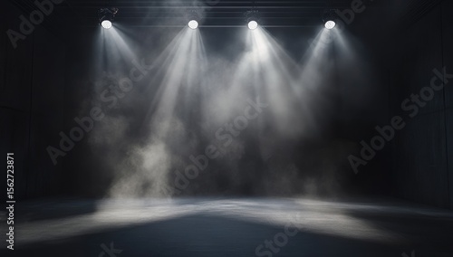 Empty stage lit by three spotlights, thick fog