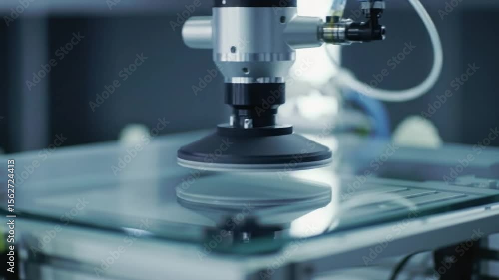 A robotic arm with a suction cup lifting and moving a sheet of smooth, clean glass. A robotic arm with a suction cup lifting and moving a sheet of smooth, clean glass.