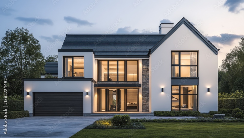 Modern house at dusk, with large windows and dark trim Modern house at dusk, with large windows and dark trim