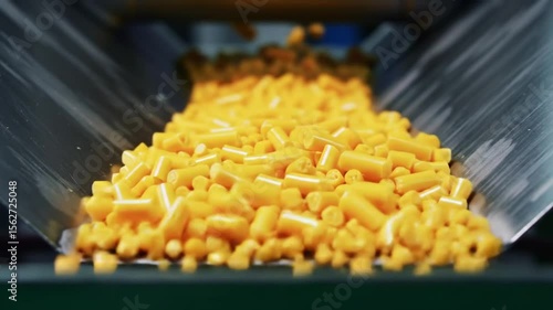 A stream of bright yellow plastic pellets flowing into an industrial machine hopper.