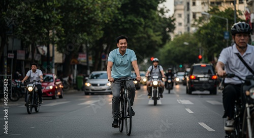 Wallpaper Mural Happy cyclist smiles while riding his bike through a city street, surrounded by other commuters on motorcycles and scooters. Torontodigital.ca