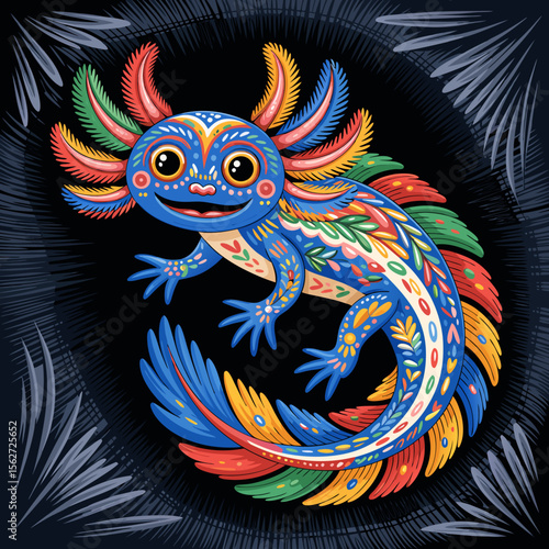 Axolotl vector with a colorful calavera design, perfect for Dia de los Muertos celebrations and Mexicanthemed designs. Great for Halloween.