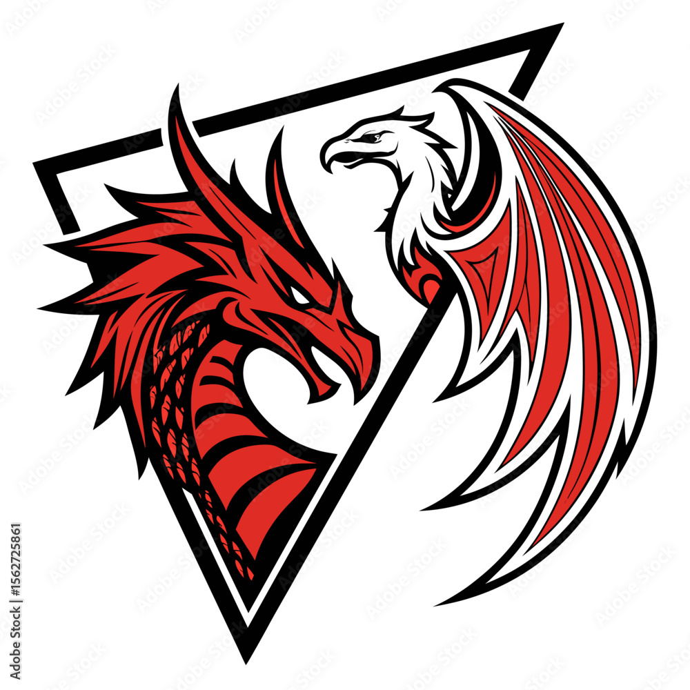 Naklejka premium Fierce Red Dragon vs White Eagle Inside Black Triangle Emblem, A high-impact emblem depicting a red dragon and white eagle in dramatic contrast, intertwined within a sharp black triangular frame — sym