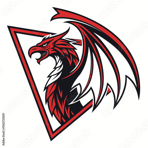 Wallpaper Mural Fierce Dragon Illustration with Red Wings in Triangular Frame, A dynamic vector of a black and red dragon with open beak, curved wings, and feathered textures, striking a bold pose within a triangular Torontodigital.ca