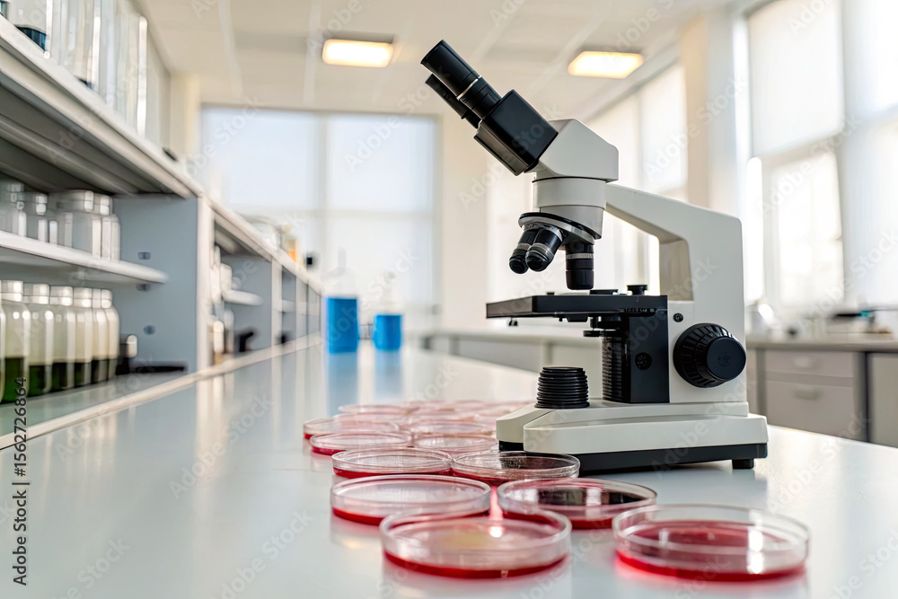 Fototapeta premium Laboratory scene featuring a microscope and petri dishes on a clean workspace, with glassware in background