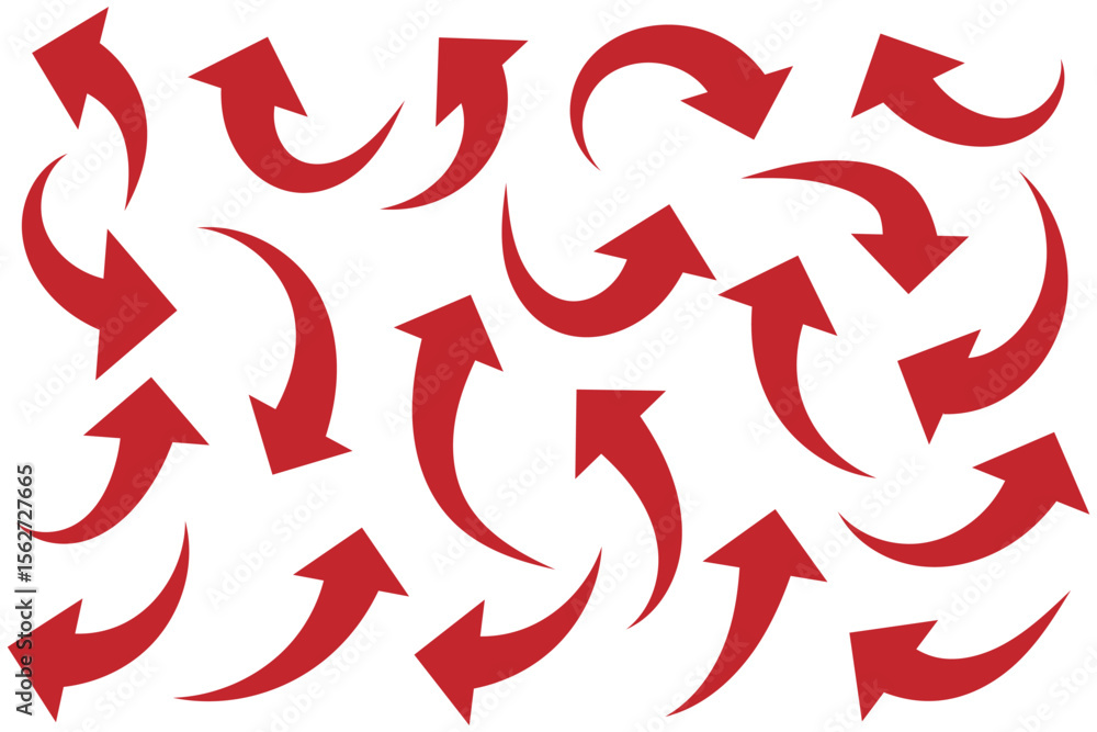Fototapeta premium Red curved arrow set. Curved Arrows sign. Set of curved arrows isolated on white background. arrow twisted in various directions. Collection of pointers.