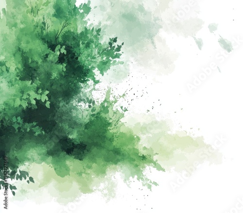 Abstract watercolor depiction of foliage.  A vibrant green and pale green watercolor splatter bursts against a white background, conveying a sense of nature's abundance