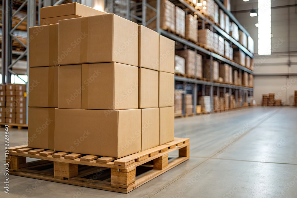 Obraz premium Stacked cardboard boxes on a wooden pallet in a spacious warehouse with organized shelves