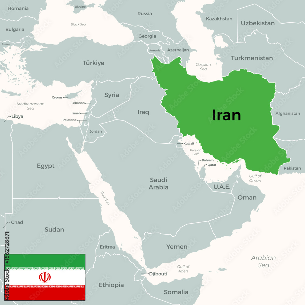 Obraz premium Map of Middle East, highlighted at Iran countries. With flag and border.