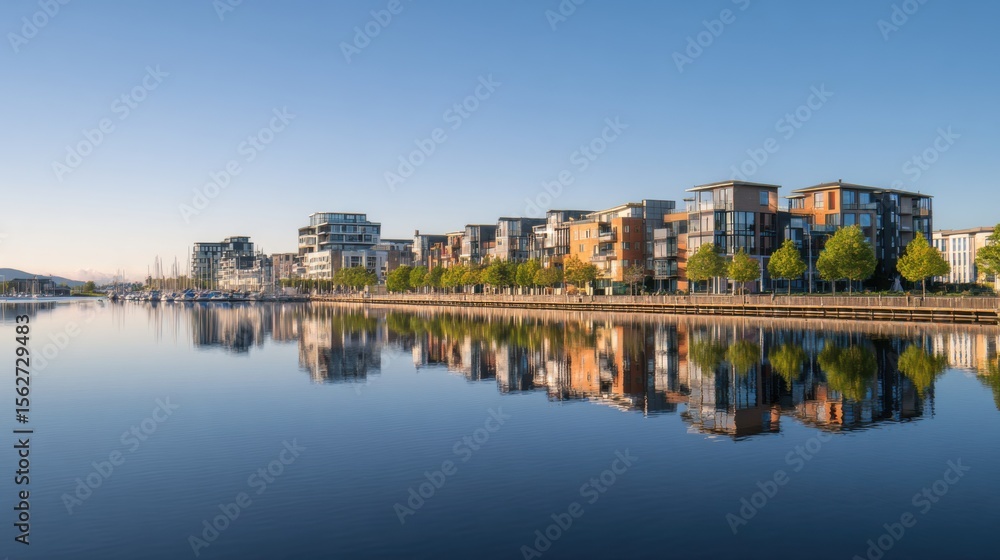 Fototapeta premium Modern waterfront apartments reflected in calm water at dawn