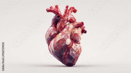 low poly heart model, anatomical heart, polygonal heart, heart structure, cardiac muscle, cardiovascular system, medical illustration