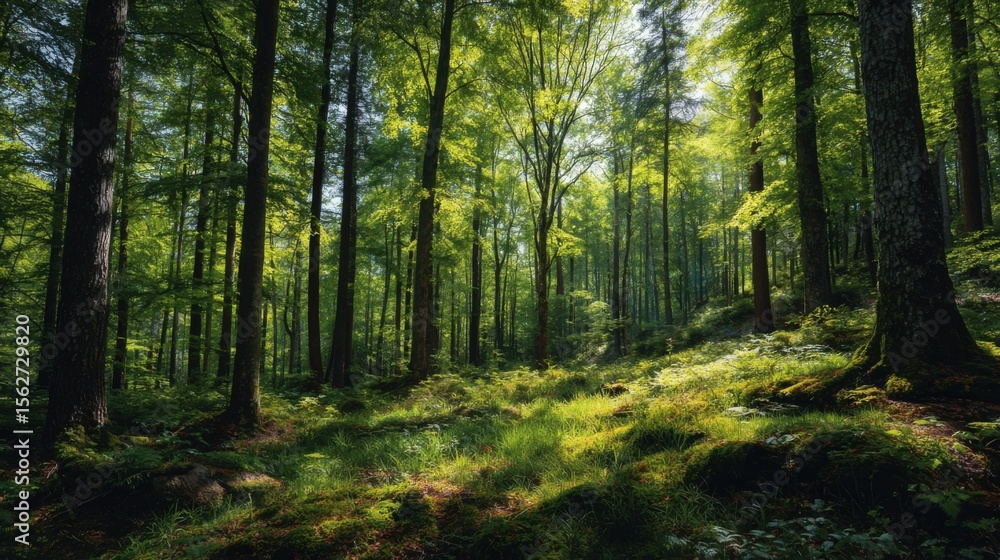 Fototapeta premium Sunlight filtering through a dense forest