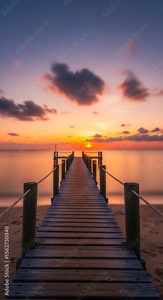 Obraz premium Wooden pier leading to a vibrant sunset over a calm ocean