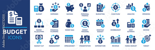 Budget icon set. Containing expense, money management, cash flow, savings, spending, income, allocation, cost estimate and more. Solid vector icons collection.