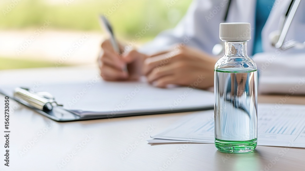 Fototapeta premium Medical Professional Examining Prescription Bottle on Desk Surface