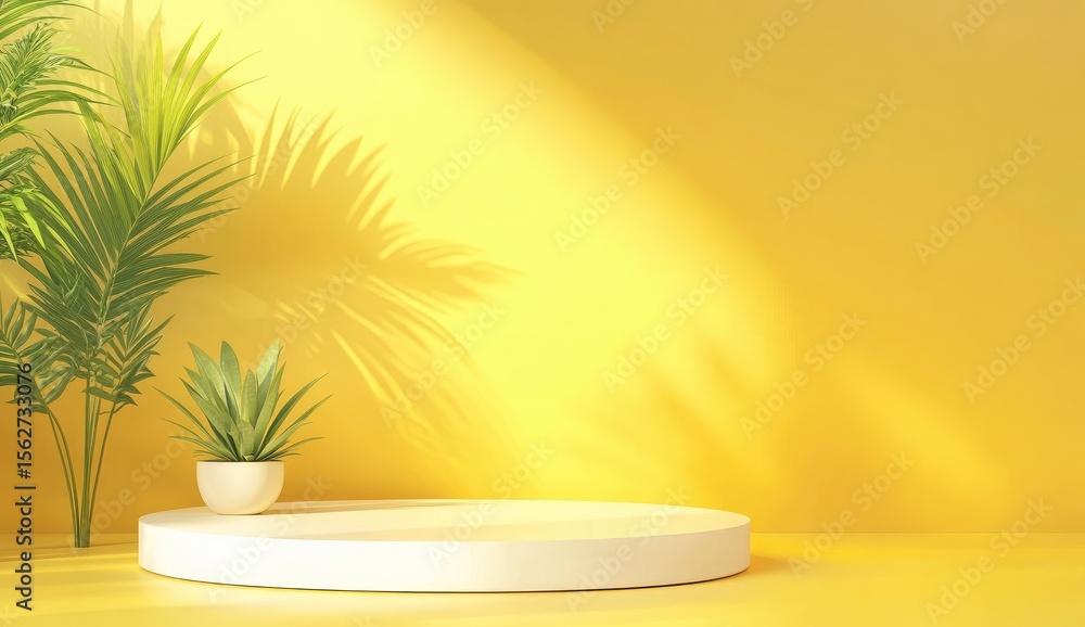 Sunny yellow room with white pedestal and plants Sunny yellow room with white pedestal and plants