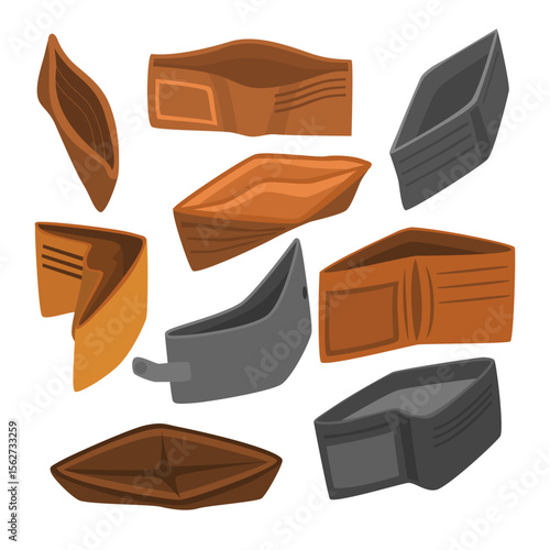 Set of empty wallet set collection,  financial crisis and poverty, representing economic hardship, budget failure, or lack of cash and income bankrupt, flat vector illustration