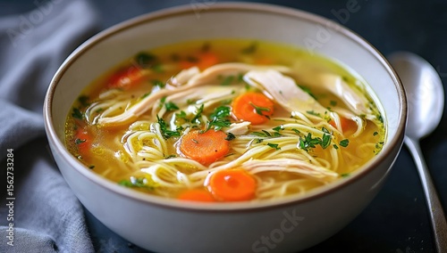 Bowl of steaming chicken noodle soup (2)