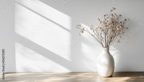 A simple, elegant still life featuring a white vase with dried, light brown flowers against a white wall with strong shadows