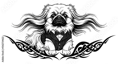 Regal Pekinese in Formal Attire: A distinguished Pekinese dog, adorned in a miniature suit and bowtie, exudes an air of refined elegance, centered gracefully.
