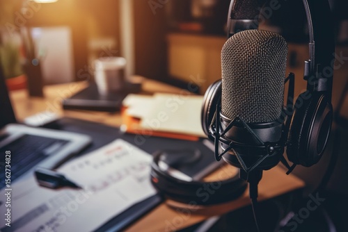 Close-up of a microphone and headphones on a home studio desk.  Blurred background shows a laptop, papers, and other studio gear
