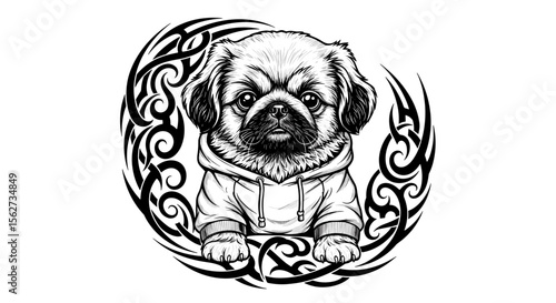 Cute Pekingese Puppy in Tribal Circle: Adorable Pekingese puppy in a hoodie encircled by a tribal-style design. Perfect for pet lovers and tattoo design inspiration.