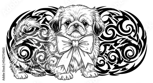 Artistic Bowtie Dog: A charming dog with a delicate bowtie stands before an intricate artwork. The scene is rendered with a beautiful combination of detail.