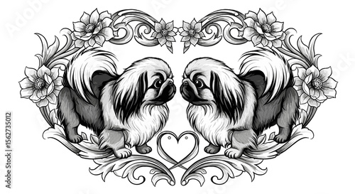Love's Eternal Embrace: Two Pekingese dogs, elegantly framed by ornate floral elements and a delicate heart, express a timeless sentiment.