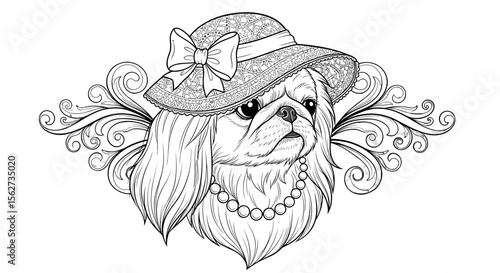 Elegant Canine: A refined dog, adorned in a stylish hat and pearl necklace, exudes an air of sophistication against a backdrop of graceful, swirling design elements.