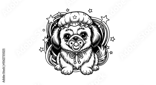 Cute Puppy Coloring Page: A black and white illustration of an adorable puppy with a pacifier and a bonnet, surrounded by stars, ready for a fun coloring experience.