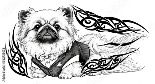 Distinguished Canine: A refined pekingese, impeccably dressed in a formal suit, exudes an air of sophistication amidst intricate tribal tattoos.