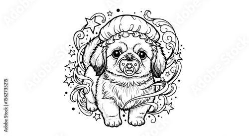 Adorable Puppy Portrait: A cute puppy with a pacifier and cap looks out against a backdrop of stars and swirls, a whimsical illustration with intricate line work and detail