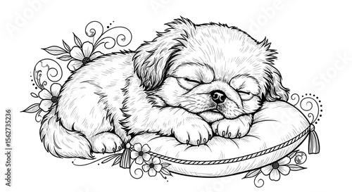 Puppy's Slumber: An illustration of a peaceful, sleeping puppy resting on a decorative pillow, surrounded by delicate floral elements.