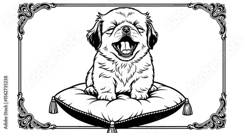 Joyful pup's Regal Delight: An adorable puppy with a joyous smile sits regally on a decorative pillow. The image captures a scene of pure bliss and luxury. 