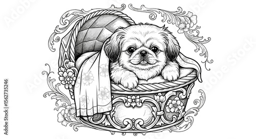 Pekingese Puppy in Basket: Adorable Pekingese puppy snuggled in an ornate basket, surrounded by delicate floral details.