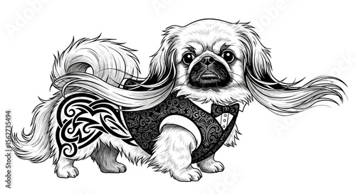 Dapper Dog in Fine Attire: A distinguished canine, adorned in formal wear and a decorative tattoo, exudes charm and sophistication, epitomizing canine elegance.