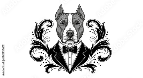 Stylish Pitbull Portrait: A sophisticated pitbull portrait in a tuxedo, adorned with elegant floral embellishments, exudes a unique blend of ruggedness and refinement.