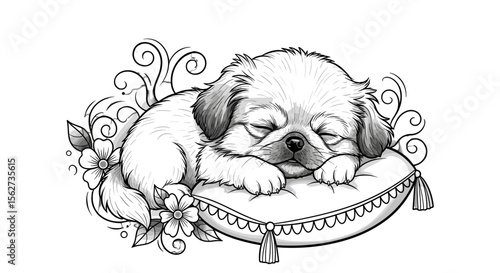Sleepy Puppy's Dreamland: A delightful illustration of a serene puppy resting on a pillow, exuding calmness and relaxation with a delicate touch.