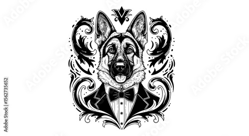 Dapper Dog: An intricately designed illustration showcases a sophisticated canine, attired in a tuxedo and bow tie, exuding an aura of refined elegance. 
