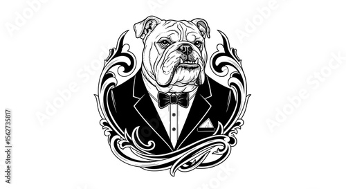 Elegant Bulldog: A sophisticated bulldog dons a formal suit, set against an elegant backdrop, exuding an aura of refined class and timeless style.