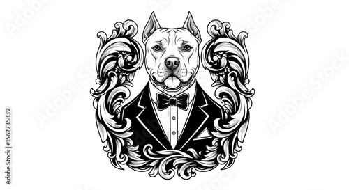 Dapper Dog Portrait: A majestic canine, exuding an air of sophistication, dons a finely tailored tuxedo adorned with a smart bow tie, presented in a detailed illustration against an ornate frame.